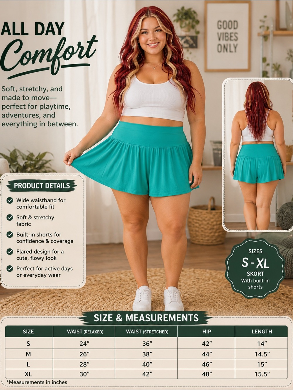 High-Waist Aqua Women’s Active Skort with Built-In Shorts